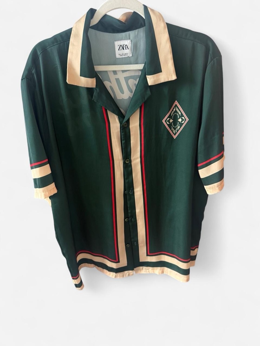 ZARA Dark Green Short-Sleeve Button-Up Shirt with Cream & Red Trim